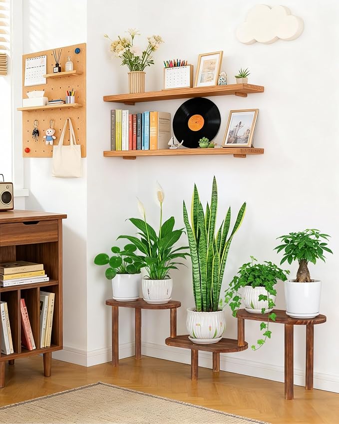 Concave Wooden Plant Shelf Indoor, 3 Tiers Deformable Oval Plant Stand, Heavy Duty Long Flower Pot Stand for Multiple Plants, Low Plant Holder for Patio Balcony Living Room Office