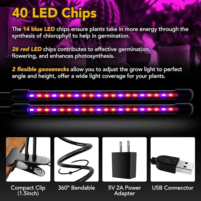 iPower Red&Blue Spectrum LED Grow Light with Adjustable Gooseneck, Auto ON/Off 3/9/12H Timing, 11 Dimmable Levels for Indoor Plant