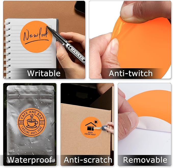 Orange Circle Thermal Labels Vinyl 3 Inch Self-Adhesive Round Stickers Roll Waterproof Printer Decals Name Tag for QR Code DIY Office Address 500 PCS