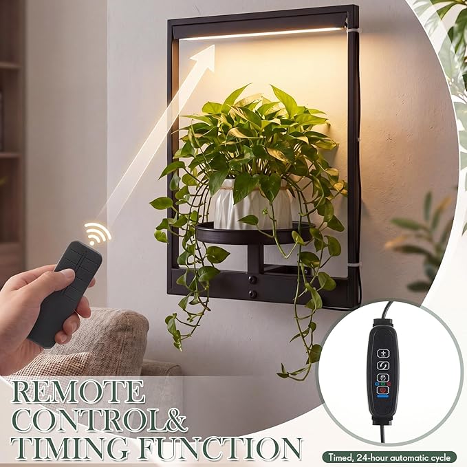 3 Pack Wall Plant Holders with Remote Grow Lights, Indoor Plants Holders, Plants Shelves Hanging Planters, Wall Mounted Framed Plant Holder for Indoor Living Room Decor