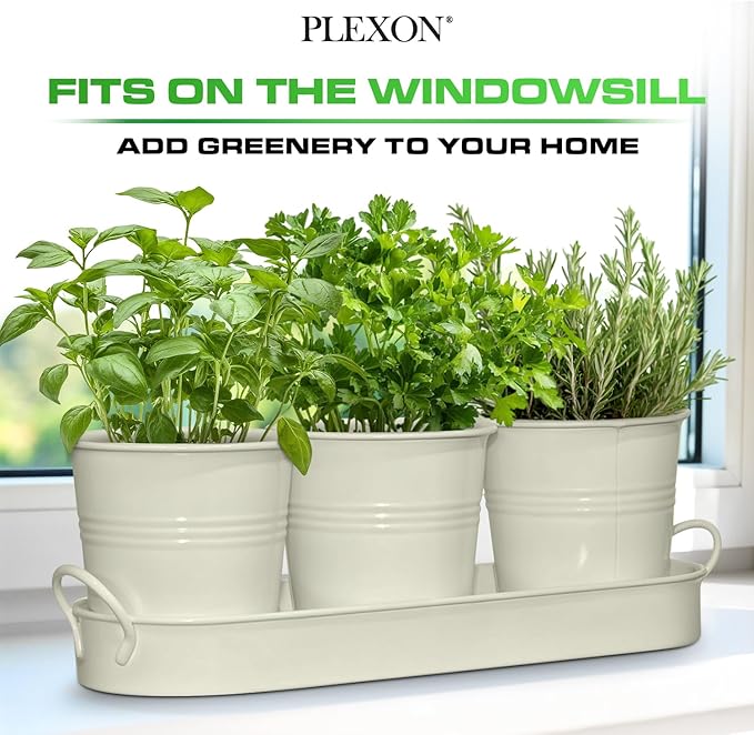 Plexon Herb Planter Indoor Garden Set of 3 with Tray, Metal Herb Pots for Indoor Plants, Round Kitchen Garden Kit Ideal for Windowsill Planter or Countertop, Off-White Powder Coated