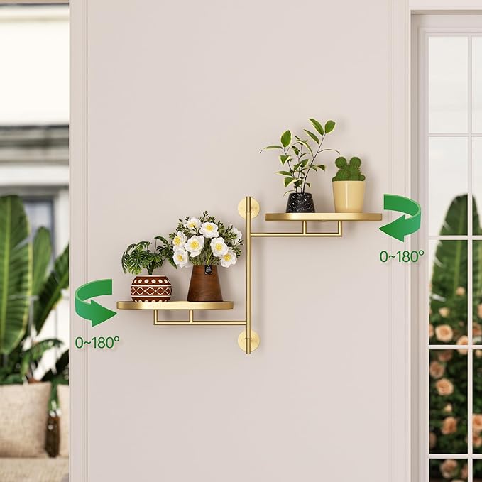YQSLYSF Window Rotating Plant Stand Shelf Indoor Gold Metal Floating Shelves 2-Tier Wall Mount Plant hanger Holders for Wall Planter Modern Home Decor window sill gifts