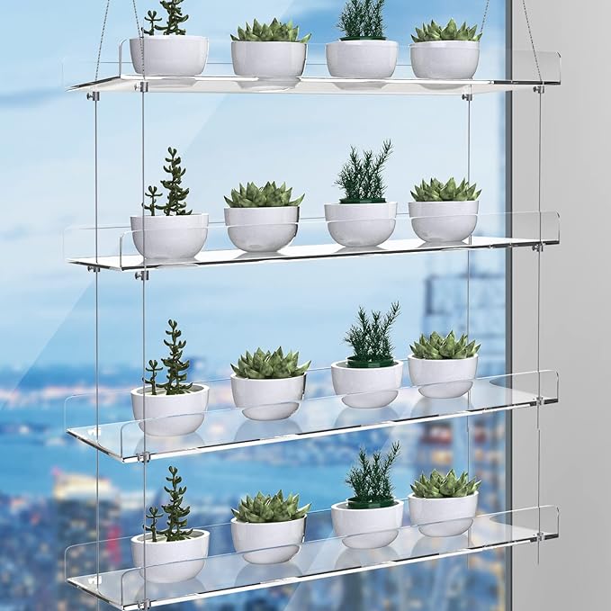 2-Pack Adjustable Clear Acrylic Plant Stands for Windows – 16" Transparent Hanging Window Plant Racks for Indoor Garden, Herbs, or Home Decor in Kitchen & Bedroom