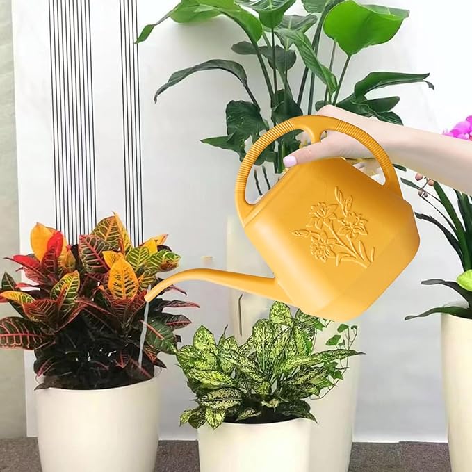 Watering Can 1 Gallon with Comfortable Handle, Flower Patterns Watering Can Indoor Plants, Plastic Long Spout Watering Can for House Plants Succulent Bonsai Garden Flower Outdoor (Yellow)