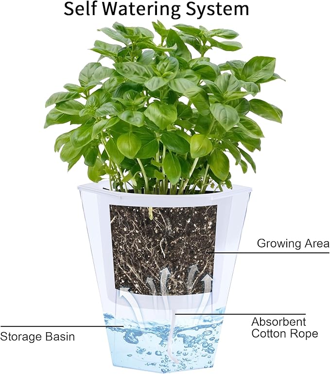 Oliz Self Watering Planter 5 Pcs, 4.5 Inch Flower Plant Pot with Transparent Inner Pot, Gardening Flowerpot with Watering Can, Indoor Self Watering Planter Pot for Herbs, Flowers (White)