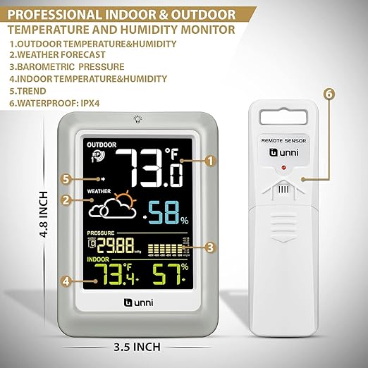 Indoor Outdoor Thermometer Wireless Weather Stations, with 330ft Range Sensor and Adjustable Brightness Inside Outside Temperature Humidity Monitor (Multi)