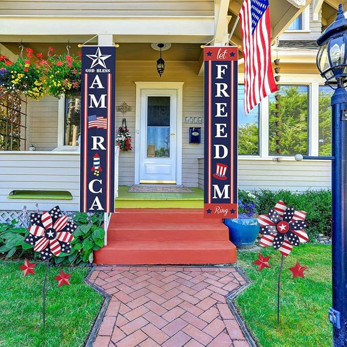 YEAHOME 4th of July Decorations Outdoor, 22.4" Set of 2 Red White Blue Metal Flowers Decorative Garden Stakes for Memorial Day Decorations, Yard Signs Patriotic Decorations for Garden Lawn Porch