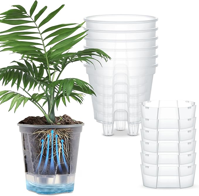 Wonderjune Self Watering Pots for Indoor Plants with Deep Reservoir and High Drainage Holes for Outdoor Plants and Flowers, Bare Root Planter(4.72'',Clear,6 Pcs)