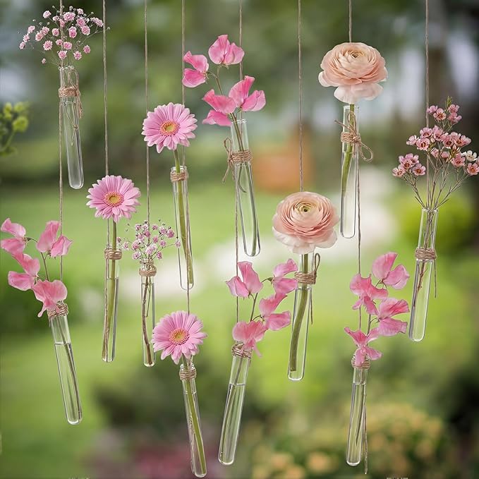 Hillban 24 Pcs Spring Party Decoration Plant Propagation Tubes Plastic Wall Planter Hanging Vase Propagation Station with Rope for Hydroponic Rustic Spring Home Garden Birthday Wedding Tea Party Decor
