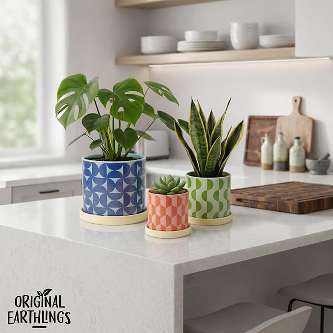 Original Earthlings Ceramic Plant Pots for Indoor Plants, Set of 3 Geometric Planters with Drainage Hole & Saucer, Colorful Decorative Flower Pots for Succulents, Home Decor, Modern Boho Style