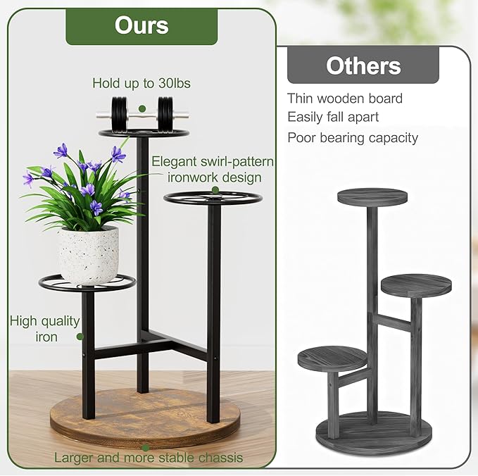 3 Tier Plant Stand Indoor Outdoor,Tiered Plant Stands,Wood Plant Shelf for Multiple Plants, Wrought Iron Flower Stand, Tall Plant Rack Shelf for House Patio Garden - BlackKite