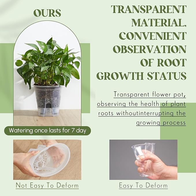 Wonderjune Self Watering Pots for Indoor Plants with Deep Reservoir and High Drainage Holes for Outdoor Plants and Flowers, Bare Root Planter(4.72'', 5.91'', 7.09'',Clear,3 Pcs)