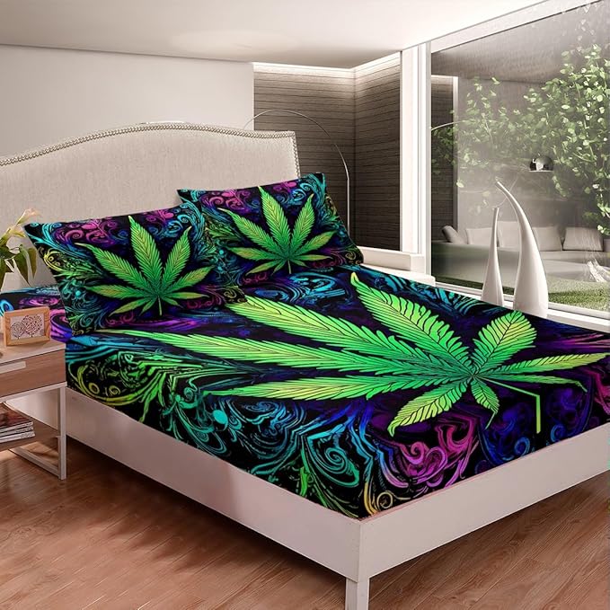 Feelyou Kid's Bed Sheet Set Queen Marijuana Sheets Set Cannabis Weed Leaf Bedding Set for Boys Girls Teens Bedroom Decor Ultra Soft Microfiber Trippy Colorful Fitted Sheet + Flat Sheet + Pillow Case