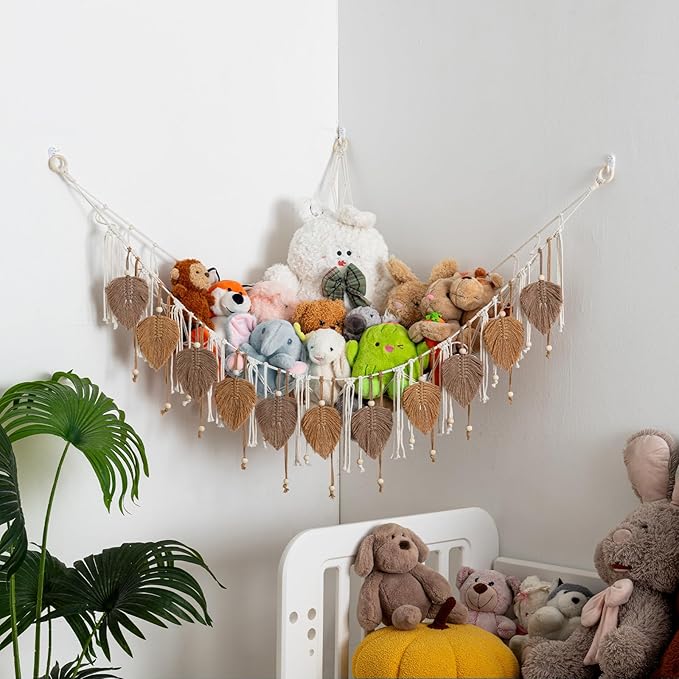 Pretty Jolly Macrame Stuffed Animal Hammock with Beads Hand Woven Leaf Tassels Corner Hanging Net Boho Plush Holder for Kid Room Nursery Deco Organizer for Girls Gift(Milkcoffee & Jute)