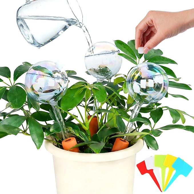 3PC Plant Watering Globes, 6 oz Upgraded Iridescent Self Watering Globes with Terracotta Stakes & 5 Plant Labels, Auto Glass Watering Bulbs for Indoor Plants, Rainbow Vacation Plant Watering Devices