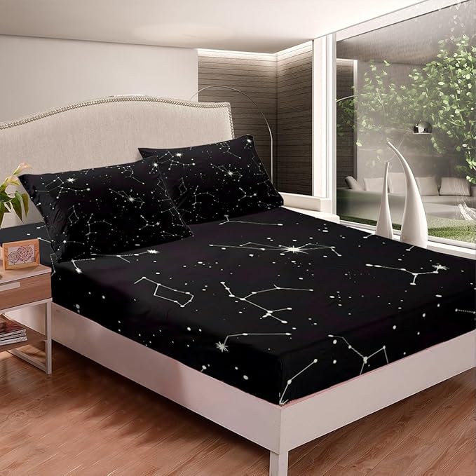 Galaxy Sheets Set King Size for Kids Girls Boys Outer Space Starry Sky Bedding Set Teens Constellation Twinkle Stars Bed Sheet Set Microfiber Super Soft Breathable Black White Milky Way Bed Cover