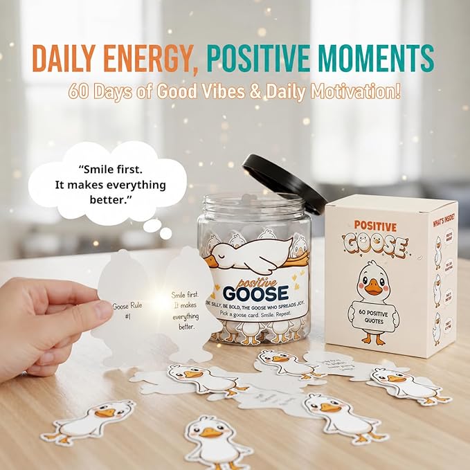 Positive Goose Jar with 60 Affirmation Cards, Emotional Support Goose Decor, Silly Desk Present for Goose Lovers, Mental Health Motivation Jar for Women and Teens, Funny Gag Gift Idea