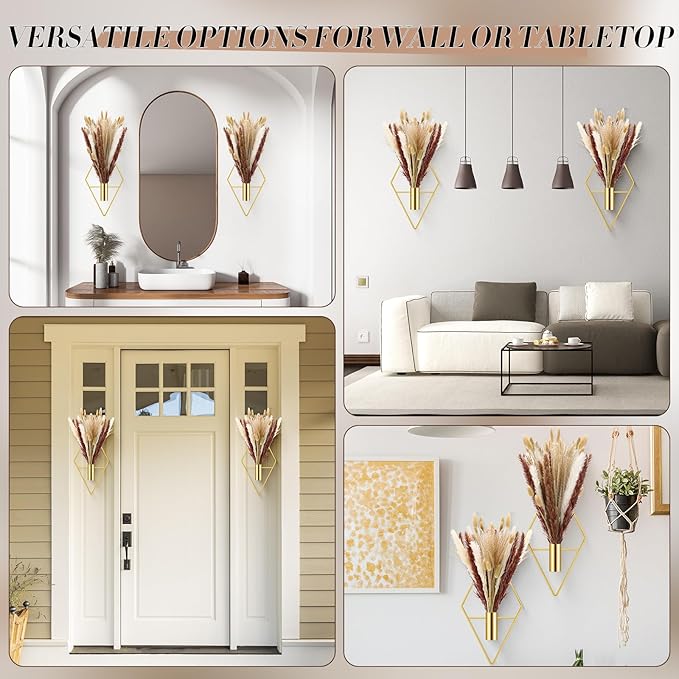 Hanaive 4 Sets Boho Gold Wall Decor Metal Wall Art Hanging Planters with Artificial Pampas Display Art Modern Home Metal Vase for Bedroom Room Home Office (Gold,Mixed Style)