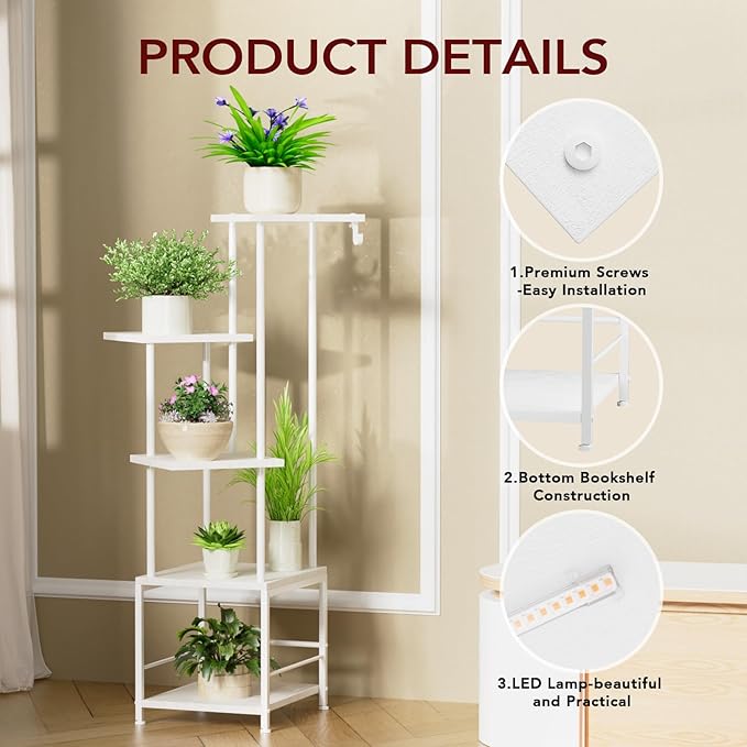 Homsorout Plant Stand Indoor with Grow Light, 5-Tiered Tall Plant Stand Indoor, Metal Plant Shelf with Hanging Basket Hook and Adjustable Light, Ideal for Living Room, Garden, Patio white