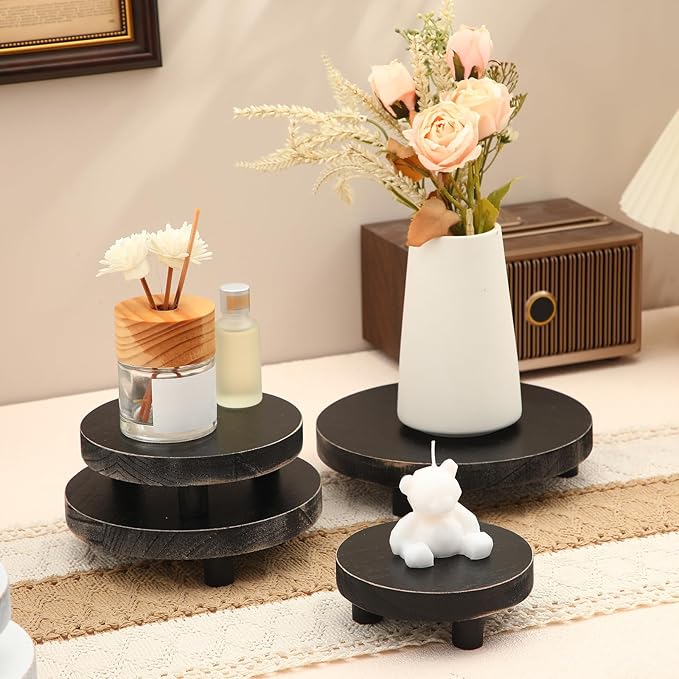 Geetery 4 Pcs Wooden Risers for Display Wood Pedestal Stand Mini Tray Stand Round Wooden Pedestal Holder Rustic Riser for Decor Tiered Tray Decor Home Kitchen, 5/6/7/8 Inch(Black)