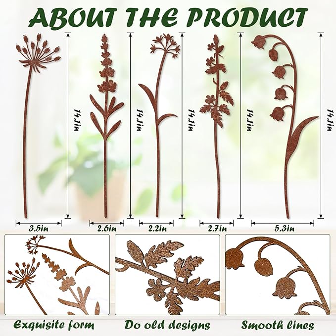 5 Pack Rust - Colored Metal Plant Stakes, Decorative Garden Stakes for Flower Bed & Yard, Metal Flower Decor for Outdoor Use, Yard Decor & Decorative Plant Stakes for Garden (Flowers, 5)