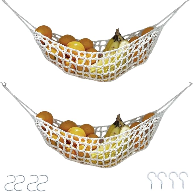 2-Pack Hanging Fruit Hammock with Hooks - Macrame Under Cabinet Veggie Banana Basket, Hand-Woven Boho Fruit Holder, Save Counter Space for Kitchen Home RV Boat (Ivory)