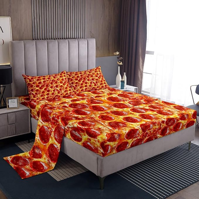 Feelyou Twin Bed Sheets Set for Kids Bedroom Decor Pizza Sheet Set Pepperoni Be Print Bedding Set Soft Lightweight Funny Delicious Pizza Theme Bed Cover with Flat Sheet, Fitted Sheet, Pillow Case