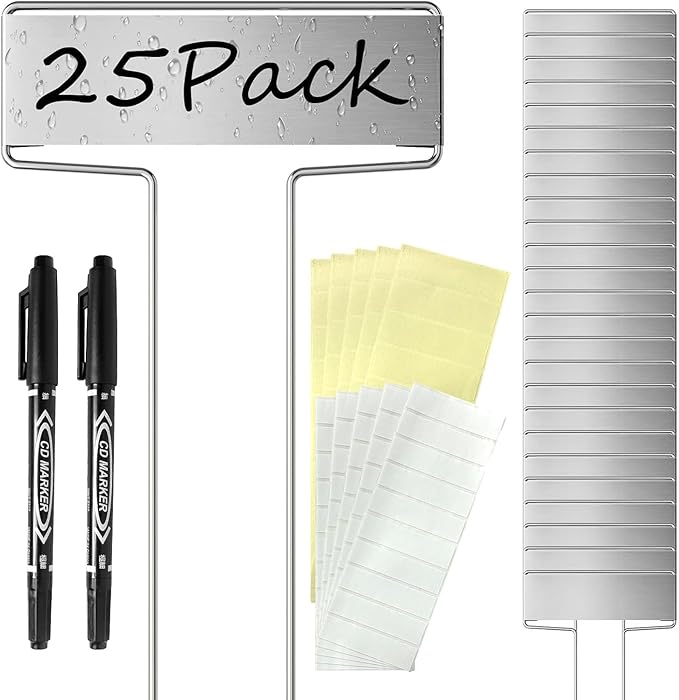 25PCS Silver Metal Plant Tags Plant Labels with 50Pcs Labels, Rainproof PET Film & 2 Permanent Pen, 10.1 inch Weatherproof Banner Garden Markers, Marking Protection Seedling Signs Nursery Tags