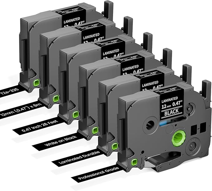 6x TZe TZ 12mm 0.47 Laminated Black Tape Replace for Brother P-Touch Label Tape White on Black TZe-335 Compatible for Brother Label Maker Refills 1/2'' 26.2' TZe335 for PTD210 D220 H110 H111 D410 CUBE