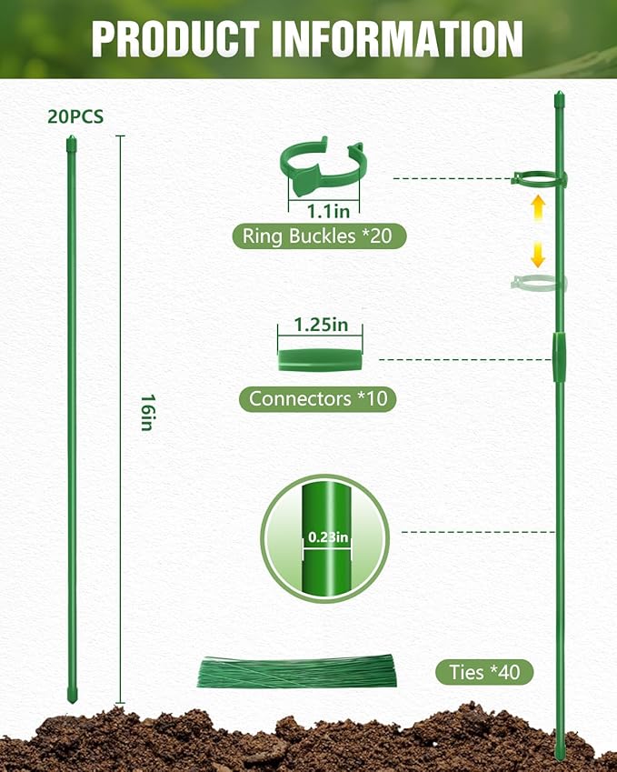 Joyhalo 20 Pack Plant Stakes for Indoor Plants, 16 Inch Garden Stakes, Adjustable Plant Support Sticks for Tall Plants As Tomatoes Beans Orchid Vegetable