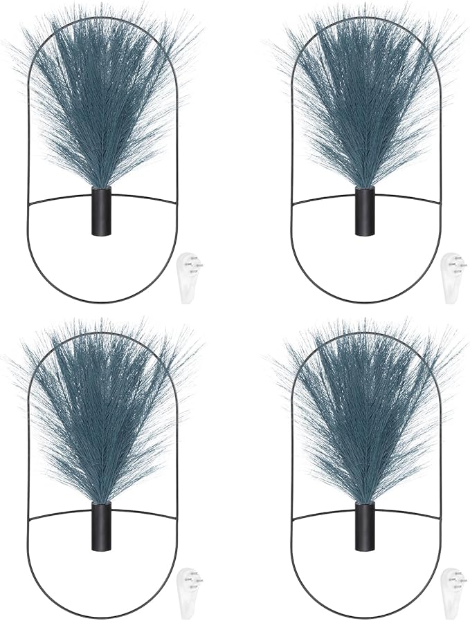 uxcell 4 Pcs Wall Decor Metal Black Wall Art Hanging Planters with Artificial Pampas, Wall-Mounted Decor Metal for Display Artwork Plant Hanging Living Room Bedroom, Blue (Oval)