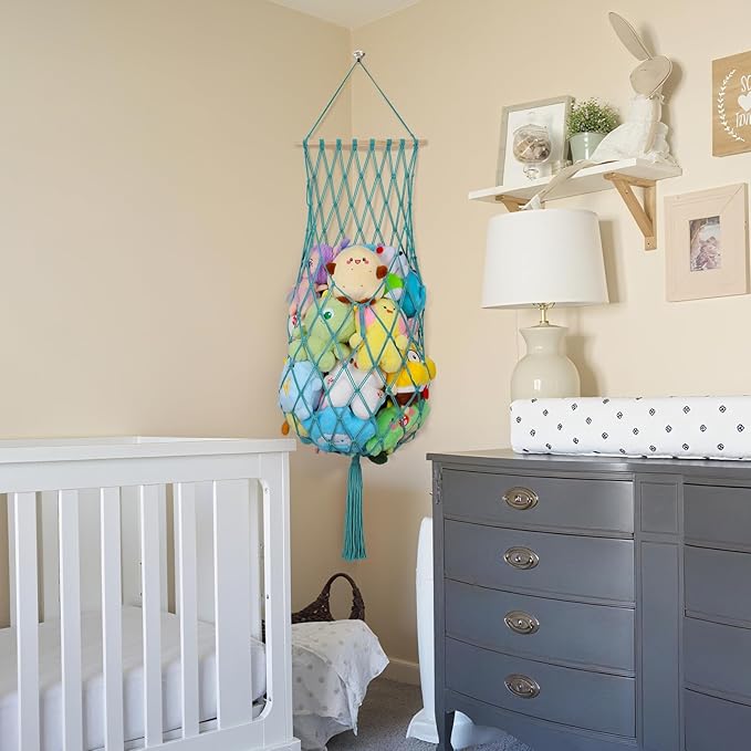 68 Inch Stuffed Animal Storage, Jumbo Macrame Stuffed Animal Hammock Corner, Wall Ceiling Hanging Toy Stuffy Hammock Plushie Net Display for Kids Boys Girls Nursery Decor (Aqua)