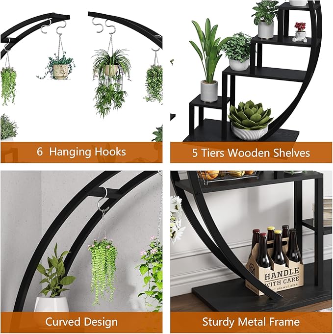 Jojoka Plant Stand Indoor Outdoor 2 Pack, 5 Tier 56" Tall Metal Plant Shelf, Heavy Duty Corner Flower Rack with Hanging Hooks, Multi Plant Holder for Living Room Garden Balcony,Brown