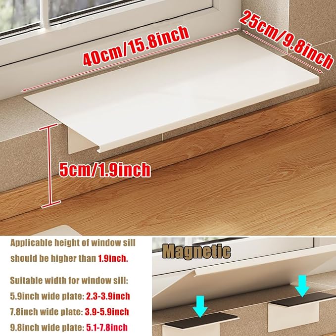 Window Sill Extender Plate, 15.8inch Carbon Steel Storage Shelf, Window Sill Extender for Plants, Countertop Extension Board with Magnetic Base for Kitchen Organization Storage (15.8x9.8in/40x25cm)