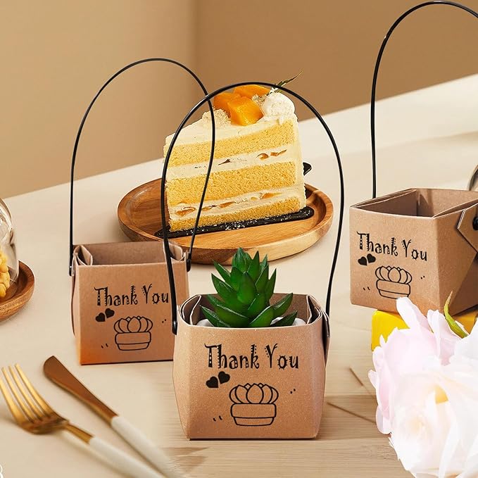50PCS Thank You Succulent Wrap, Fits 2 Inch Pots Succulent Wrap Bag with Plastic Handle Kraft Paper Sleeve Succulent Tags for Shower Party Favors Ideas (50PCS-Thank You)