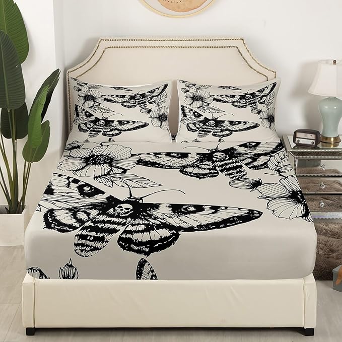 Feelyou Gothic Skull Bedding Set Decorative Death Moth and Flowers Sheet Set Full Size for Kids Teens Adults Bedroom Decor Breathable Pesonalized Skeleton Bones Bed Sheet Set Black Cream Bed Sheets