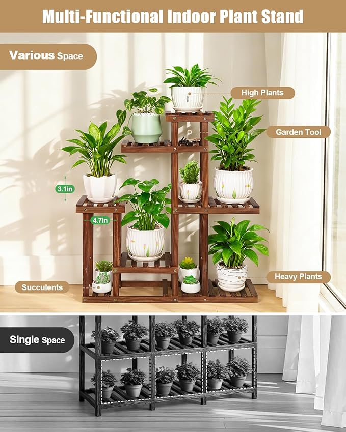 Carbonized Wood Plant Stand, 6-Tier Indoor Tiered Plant Shelves, Space-Saving Narrow Wood Plant Rack for Multiple Plants, Sturdy Flower Stand for Living Room/Balcony/Garden/Outdoor, Easy Assembly