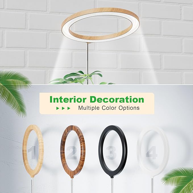 12" Grow Lights for Large Indoor Plants, Full Spectrum Tall Plant Grow Lights Indoor,Height Adjustable 15"-65",Timer Auto On/Off 3/9/12H,9 Brightness,Led Halo Grow Light for House Plants, Wood Grain