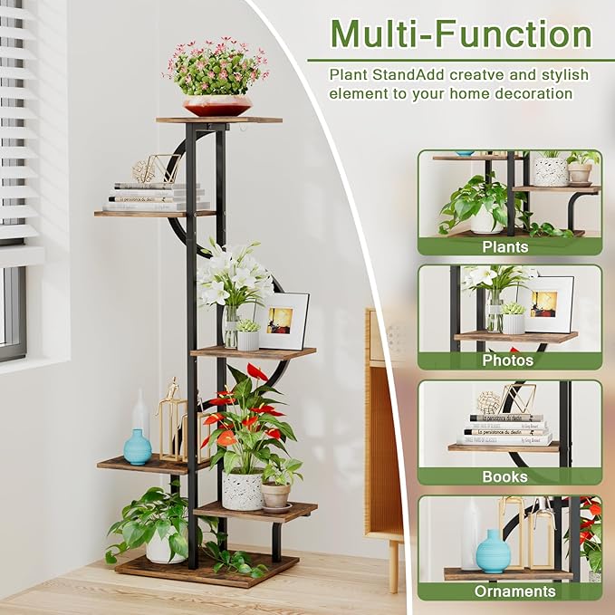 REFGY 6-Tier Tall Plant Stand with Hanging Hook, Multi-Tiered Vertical Flower Pot Holder for Indoor Outdoor, Heavy Duty Metal Plant Shelf for Corner, Living Room, Balcony, Patio, Rustic Brown