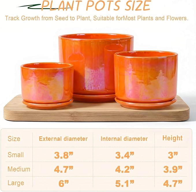 EFISPSS Ceramic Plant Pots,4+5+6 Inch Ceramic Indoor Pots for Plants with Drainage Hole,for Succulent Cactus,Pothos,Snake Plant Gift for Plant Lovers Set of 3 - Orange Pearl Glaze Plant Pots