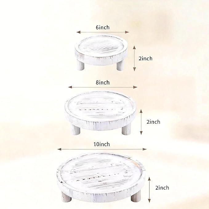 3 Pcs Wooden Display Risers Round Wood Pedestal Stand Mini Plant Tray Stand, 10-6 Inch Rustic-style decorative shelf for Displaying Plants and Candles (White)