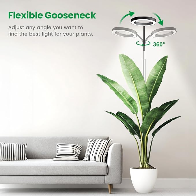 Garpsen Grow Lights for Indoor Plants, Full Spectrum 65'' Plant Light with Gooseneck, 3 Colors Modes and 5 Dimmable Levels, 6/12/16H Timer, 80 LED Height Adjustable Grow Lamp for Plants(Soil Insert)