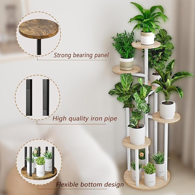 INGIORDAR Plant Stand Indoor Outdoor Corner Plant Shelf for Multiple Flower Pots Flower Stand Holder for Patio Garden Balcony Living Room (White+Sonoma Oak, 6 Tier)