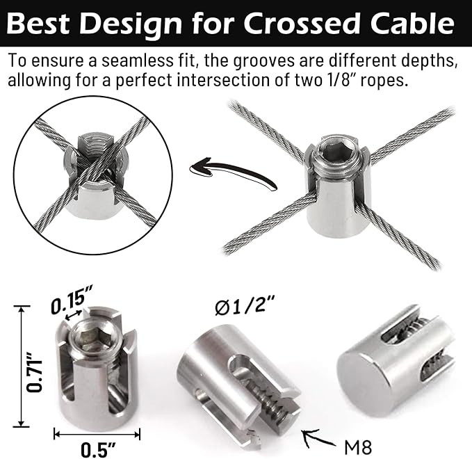 20pcs 1/8" Cable Cross Clamps, T316 Stainless Steel Cross Cable Clamps for 3mm Wire Rope or Rod Fittings, No Drilling Clips for Wire Trellis Kits (Invisible)