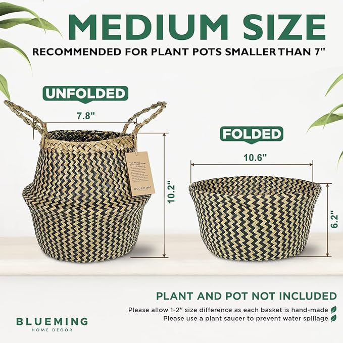 Blueming Wicker Plant Basket – Small 8-9 Inch Medium Seagrass Pot for Faux Olive Tree, Snake Plant or Houseplants, Black Decorative Planter for Home Decor