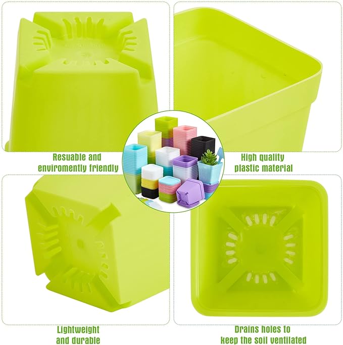 Zubebe 140 Pcs 3 Inch Plastic Plant Pots Square Seedling Nursery Pots Reusable Small Plant Pots with Saucers 140 Pcs Waterproof Plant Labels T Type Plant Tags Marking Pen for Garden Balcony Office