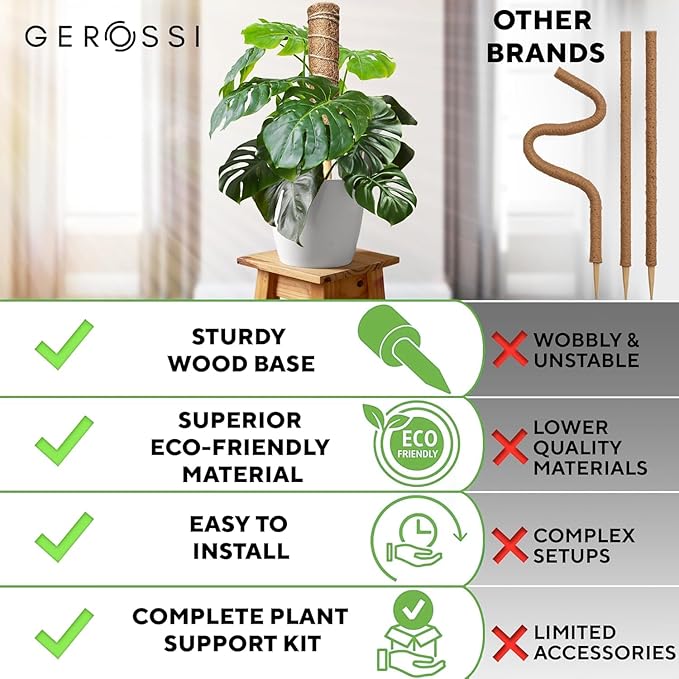 Premium Moss Pole for Plants 4-Pack - 48 Inch Sturdy Plant Support Stakes - 16.5" Extendable Poles for Monstera & Climbing Plants - 100% Natural Garden Sticks - Complete Kit w/Ties, Velcro & Rope