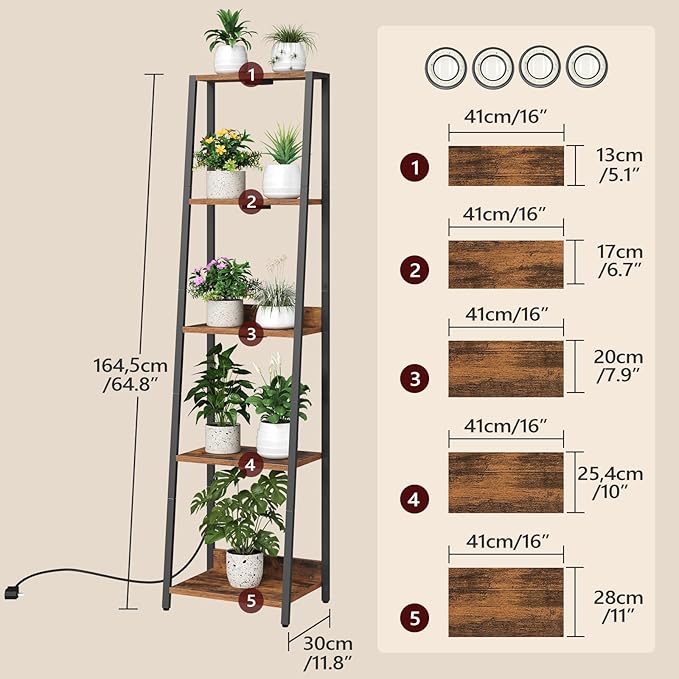 MAHANCRIS Plant Stand with Grow Light, 5 Tier Plant Shelf with Timer for Indoor Plants, Ladder Shape Flower Rack with Raised Back Edges, for Living Room, Balcony, Rustic Brown and Black PSHR05E01