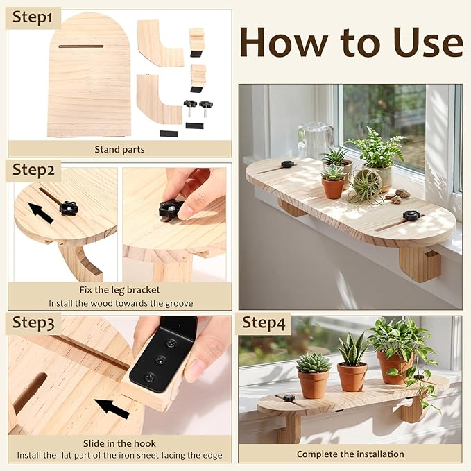 1 Pcs Natural Window Sill Plant Shelf for Plants 21.7 x 7.1 x 5.9 Inch Windowsill Extender Window Plant Floating Shelves No Drilling Wooden Bracket for Cat Perch Planters (Rounded Corner)