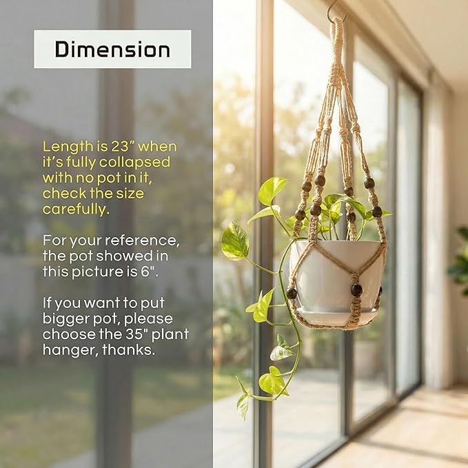 Macrame Plant Hanger Indoor, 23" No Tassel Hanging Plant Holder, Sturdy Flower Pot Holder with Hooks - Brown (Pot NOT Included)